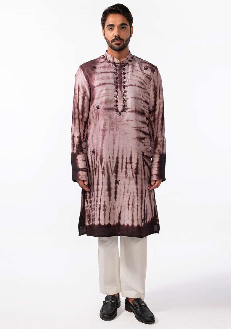 Brown Tie And Dye Mirror Work Kurta Set For Men - Indya