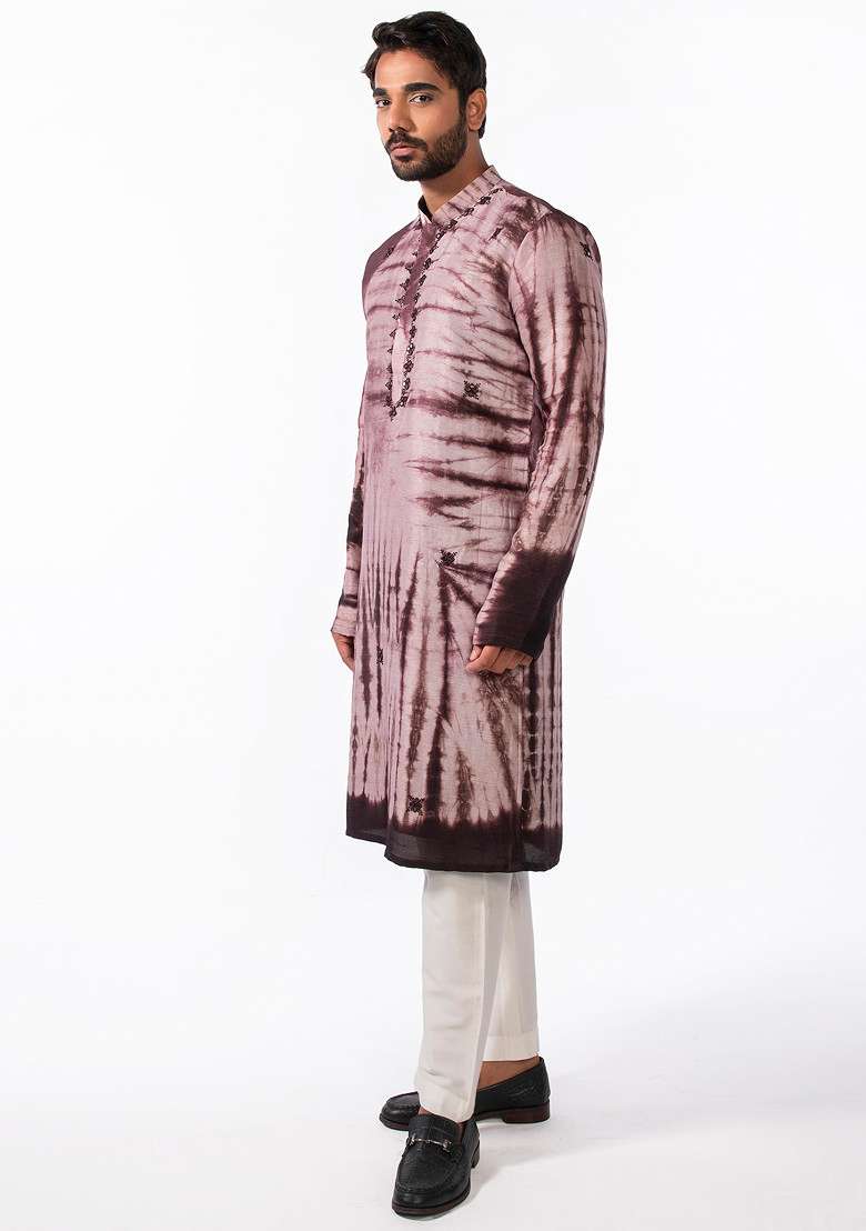 Brown Tie And Dye Mirror Work Kurta Set For Men - Indya