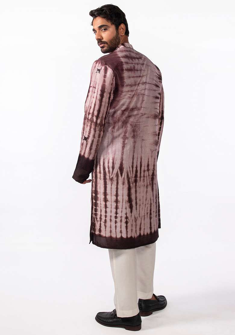 Brown Tie And Dye Mirror Work Kurta Set For Men - Indya