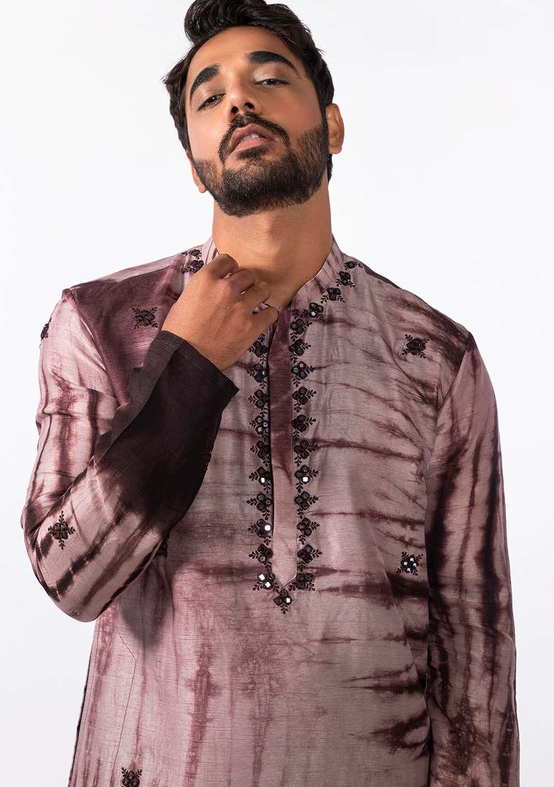 Brown Tie And Dye Mirror Work Kurta Set For Men - Indya