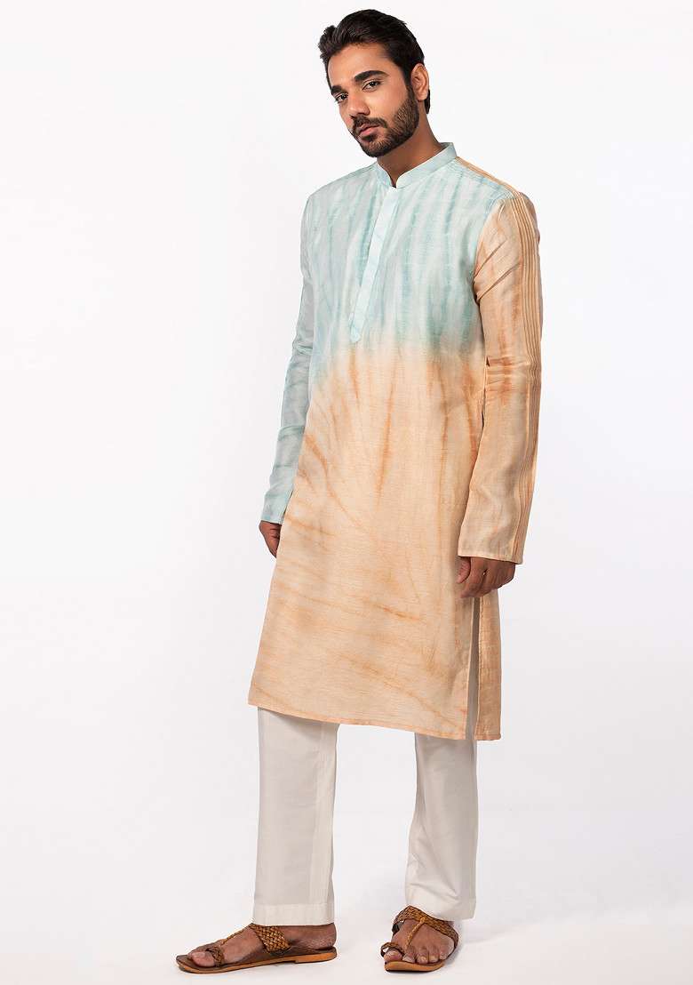 Peach And Blue Tie And Dye Pintuck Kurta Set For Men - Indya