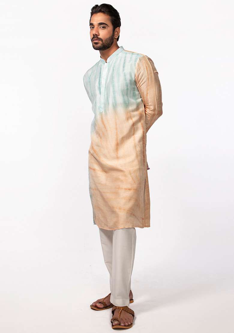 Peach And Blue Tie And Dye Pintuck Kurta Set For Men - Indya