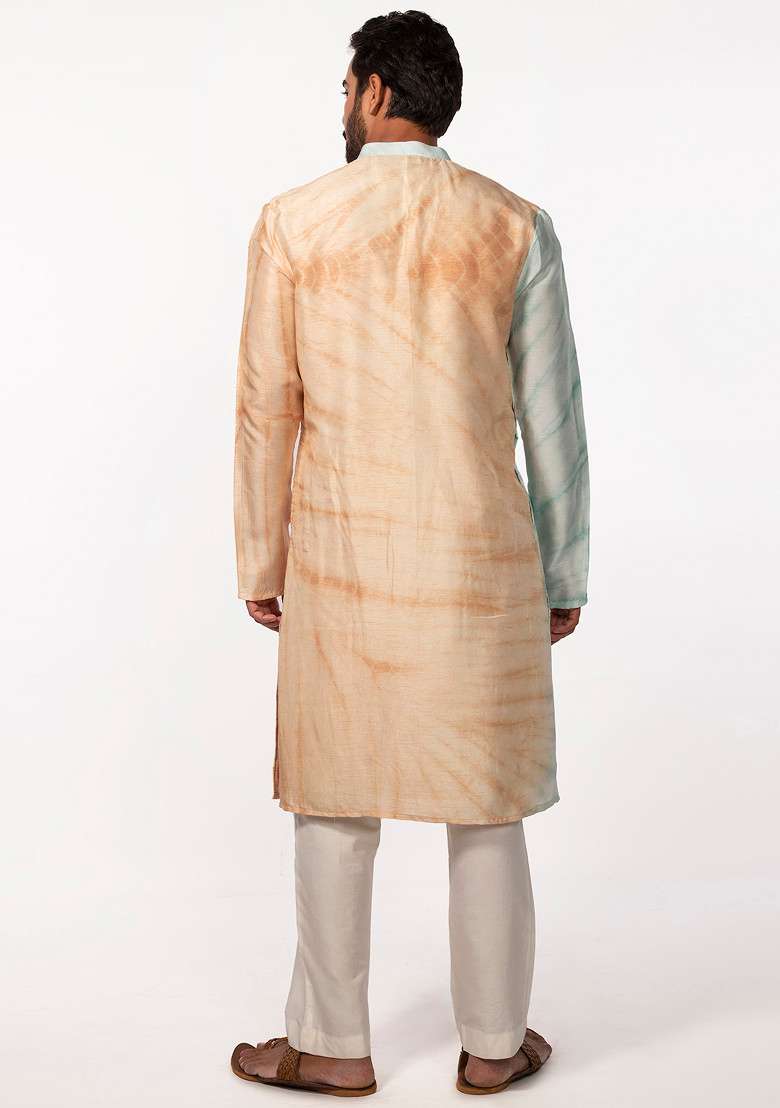 Peach And Blue Tie And Dye Pintuck Kurta Set For Men - Indya