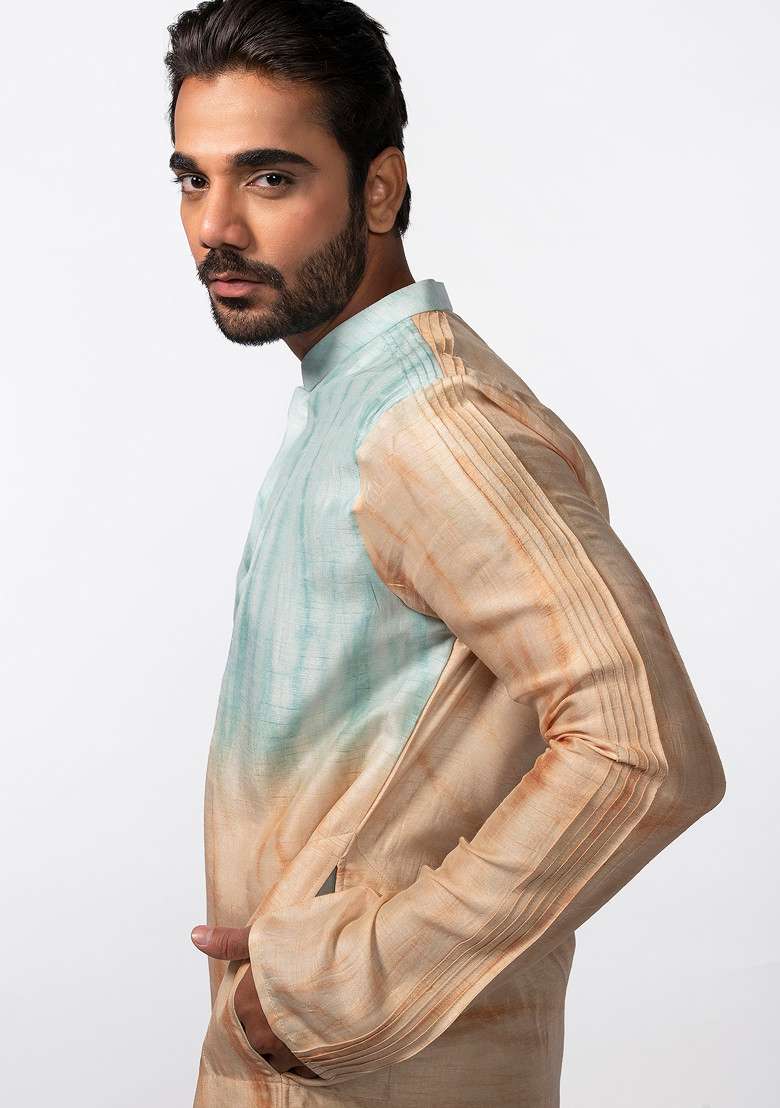 Peach And Blue Tie And Dye Pintuck Kurta Set For Men - Indya