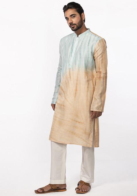 Peach And Blue Tie And Dye Pintuck Kurta Set For Men