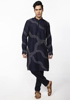 Midnight Blue Chain Stitch Kurta Set For Men