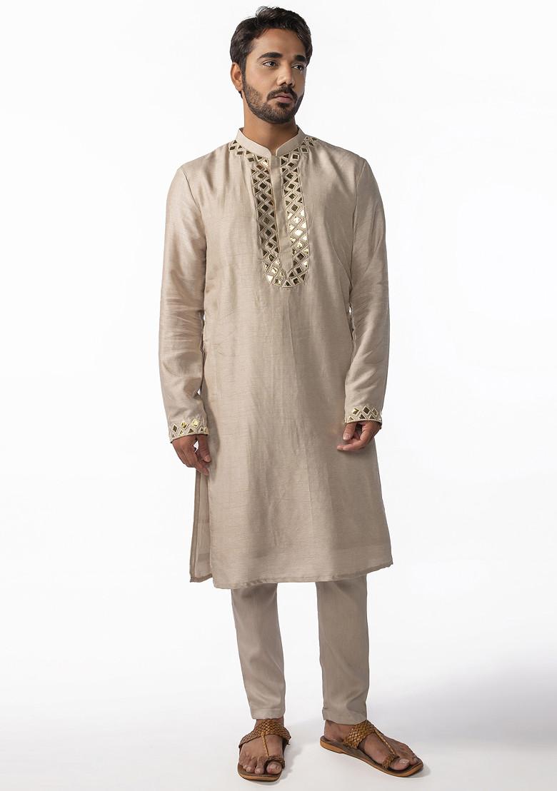 Gold Embroidered Kurta Set For Men - Indya