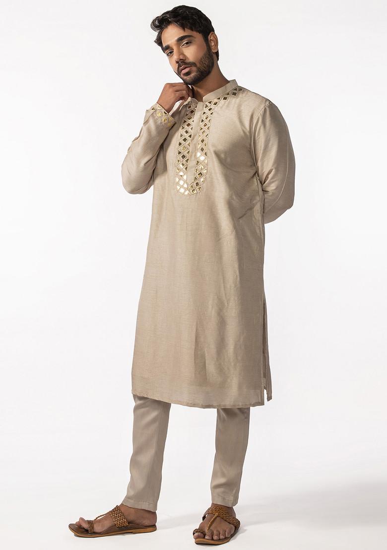 Gold Embroidered Kurta Set For Men - Indya