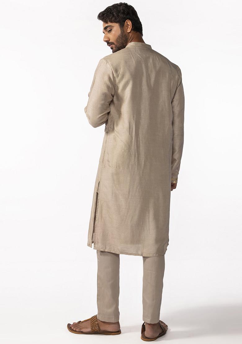 Gold Embroidered Kurta Set For Men - Indya