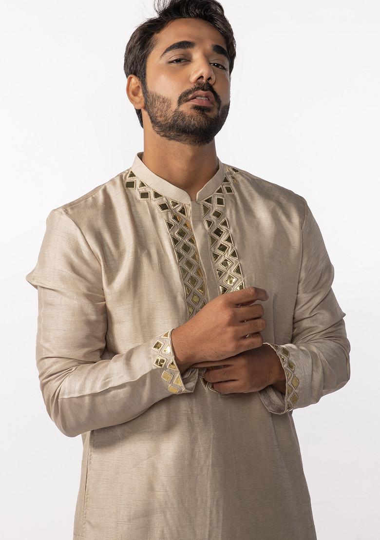 Gold Embroidered Kurta Set For Men - Indya