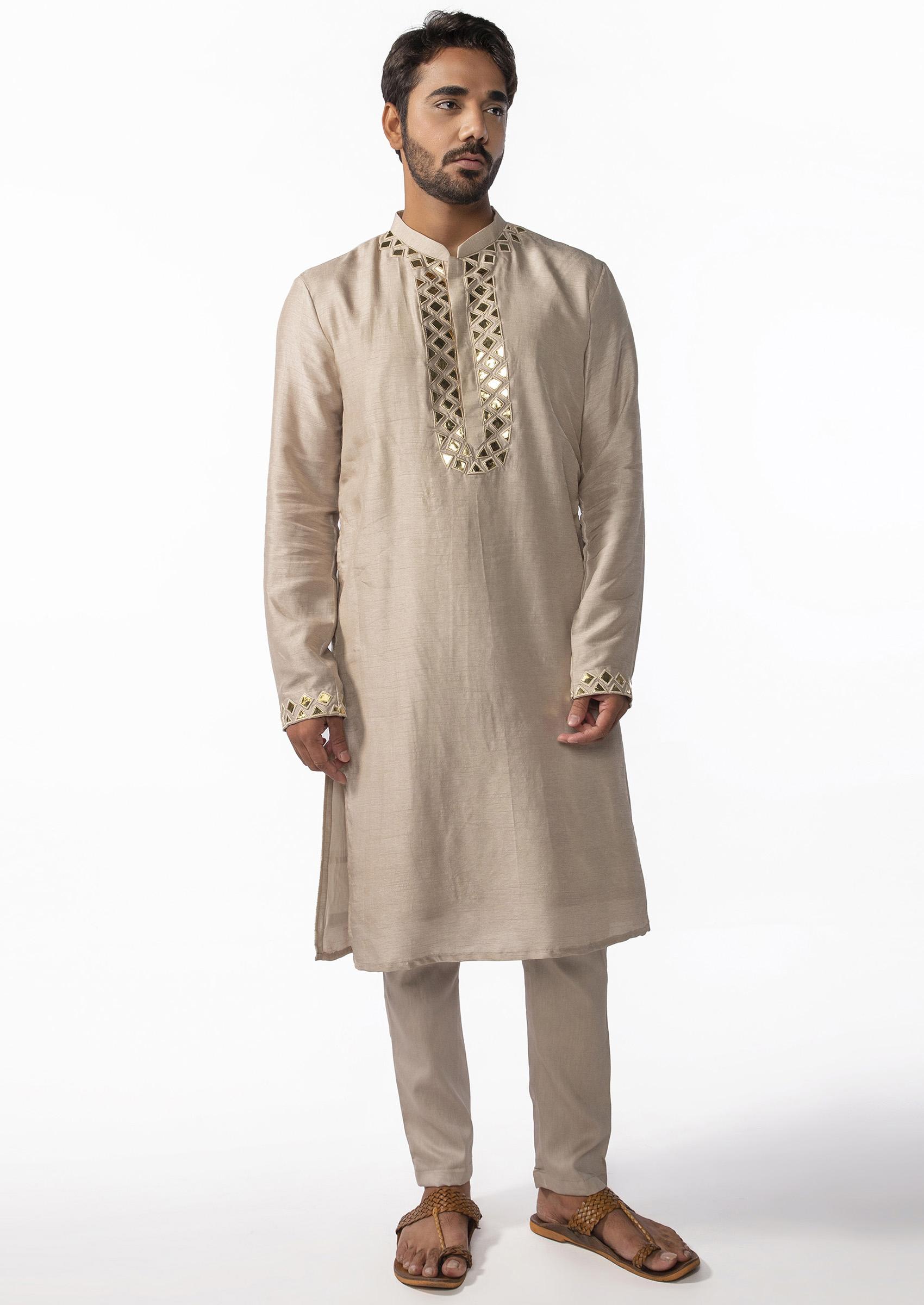 Gold Embroidered Kurta Set For Men - Indya