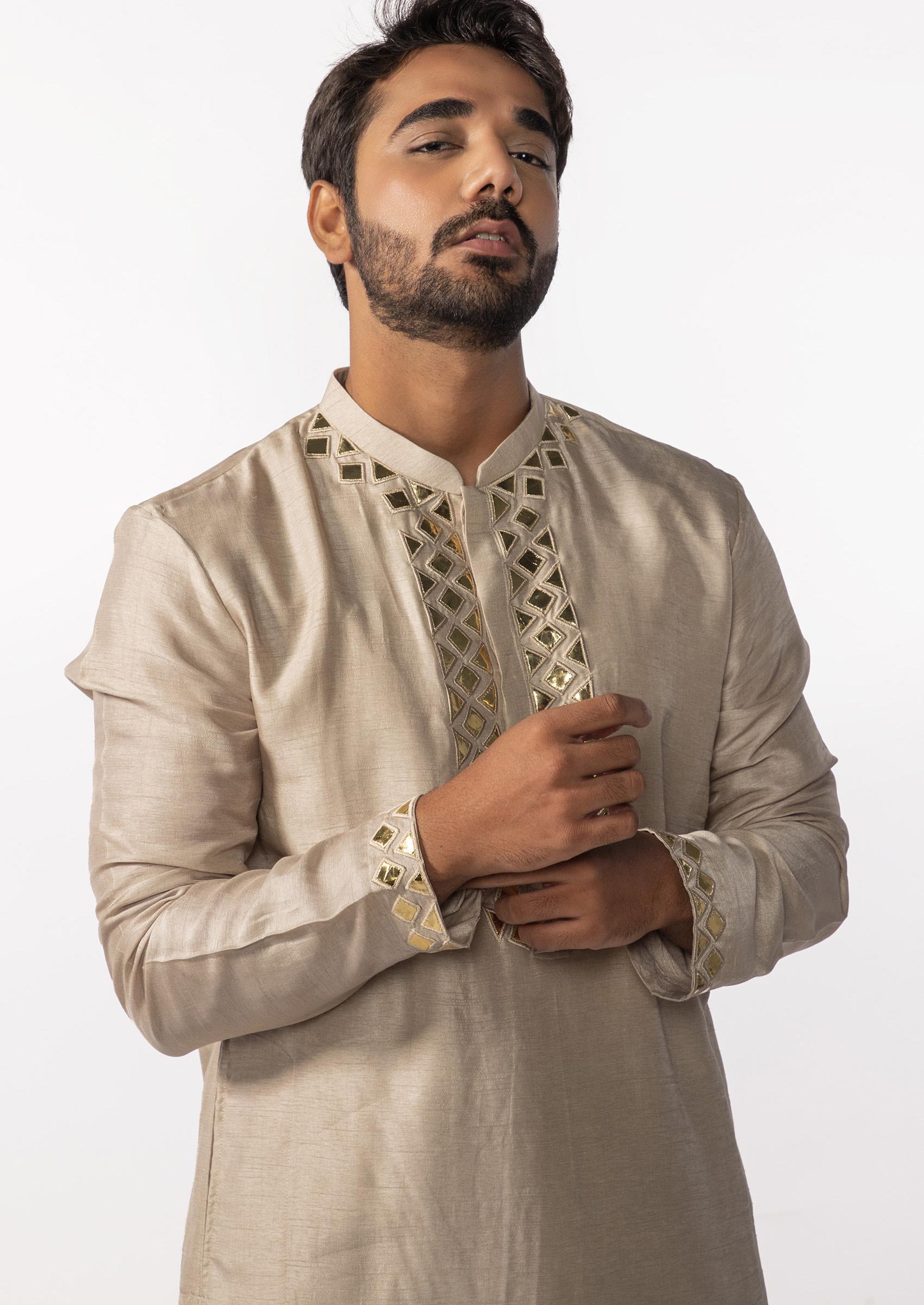 Gold Embroidered Kurta Set For Men - Indya
