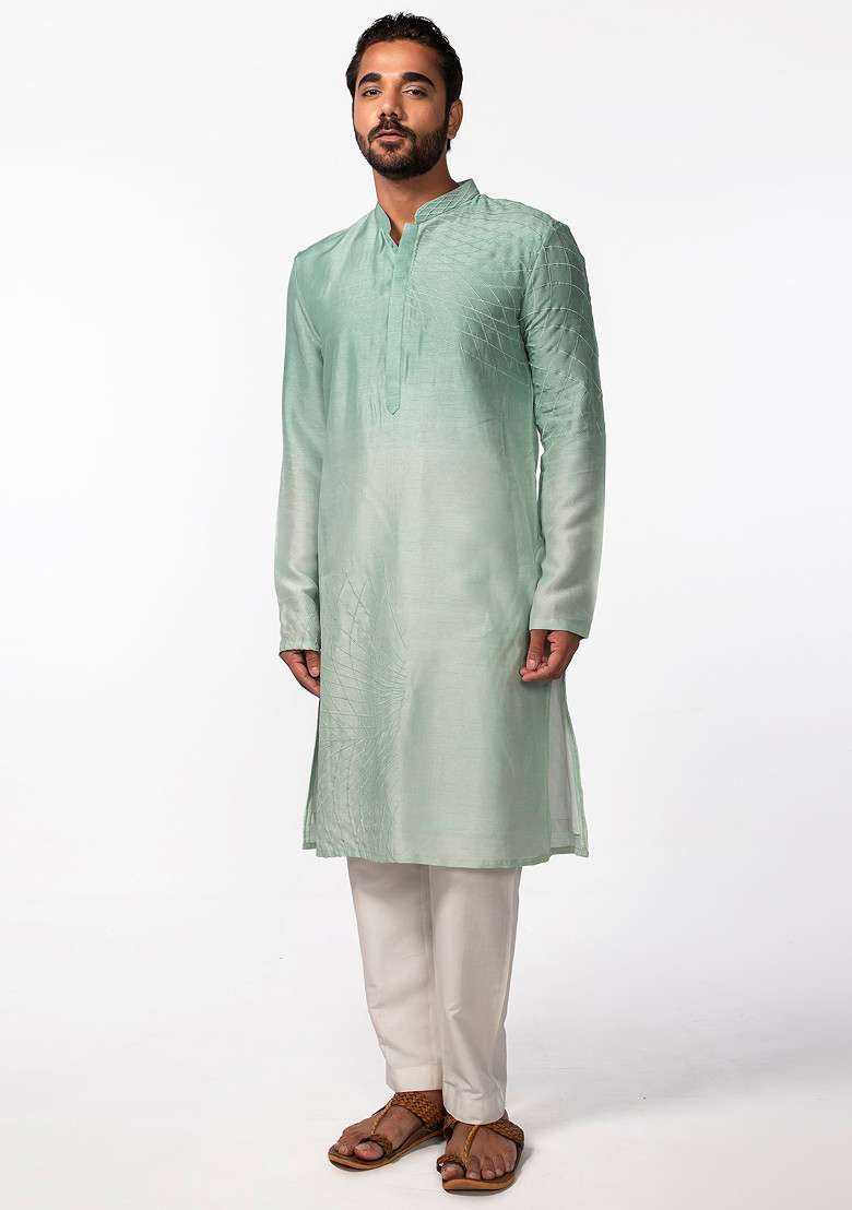 Aqua Green Twirl Embroidered Kurta Set For Men - Indya