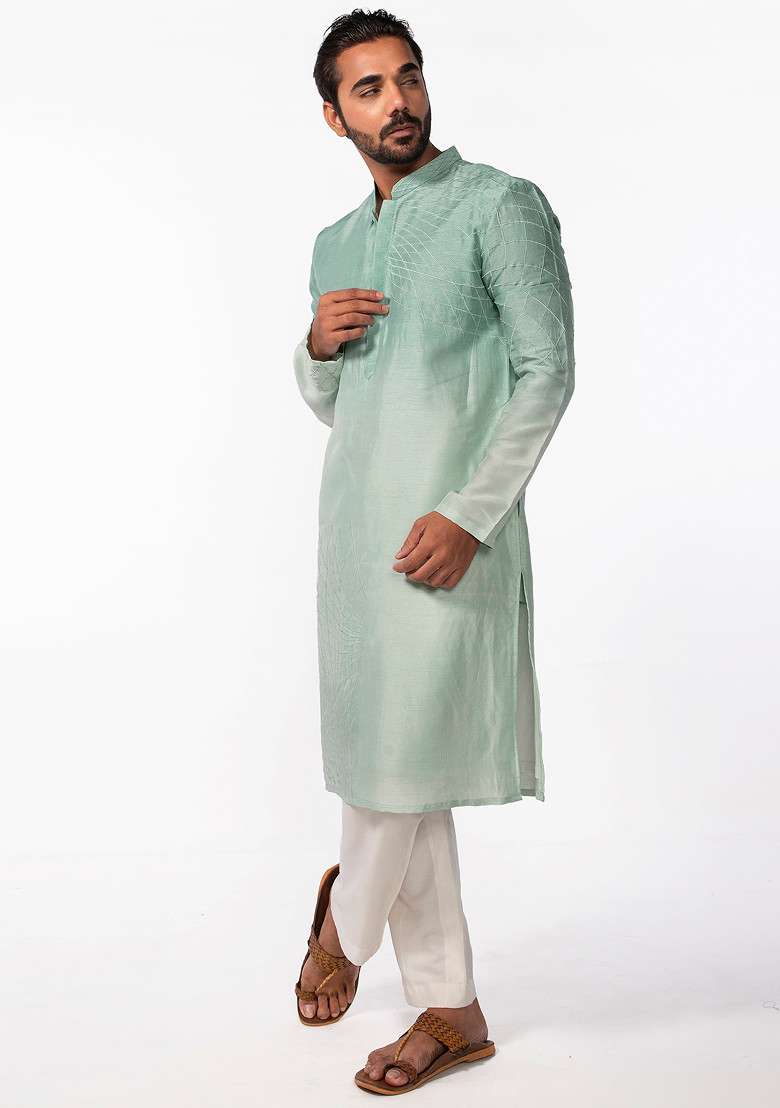 Aqua Green Twirl Embroidered Kurta Set For Men - Indya