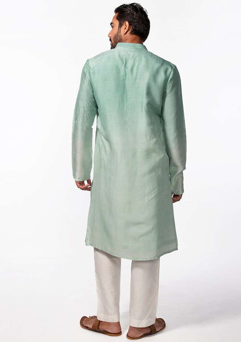 Aqua Green Twirl Embroidered Kurta Set For Men - Indya