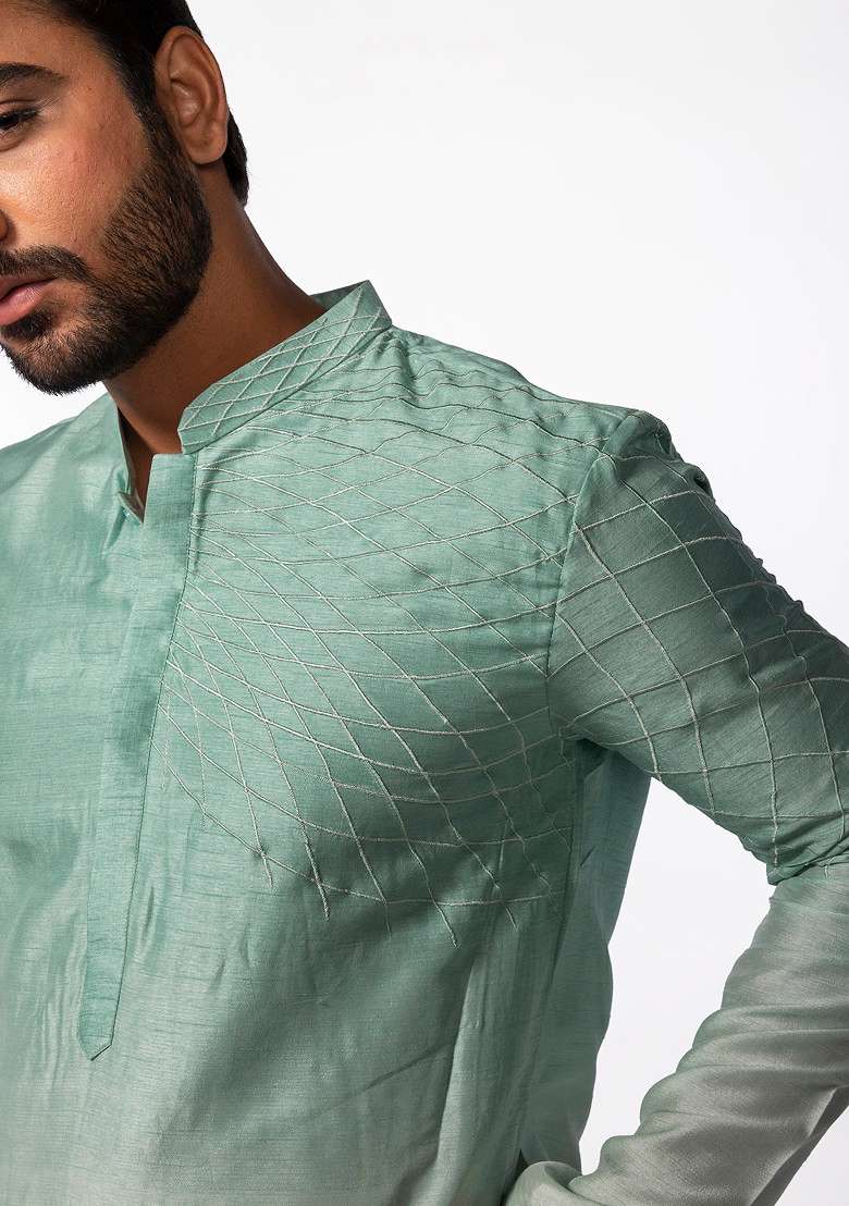 Aqua Green Twirl Embroidered Kurta Set For Men - Indya