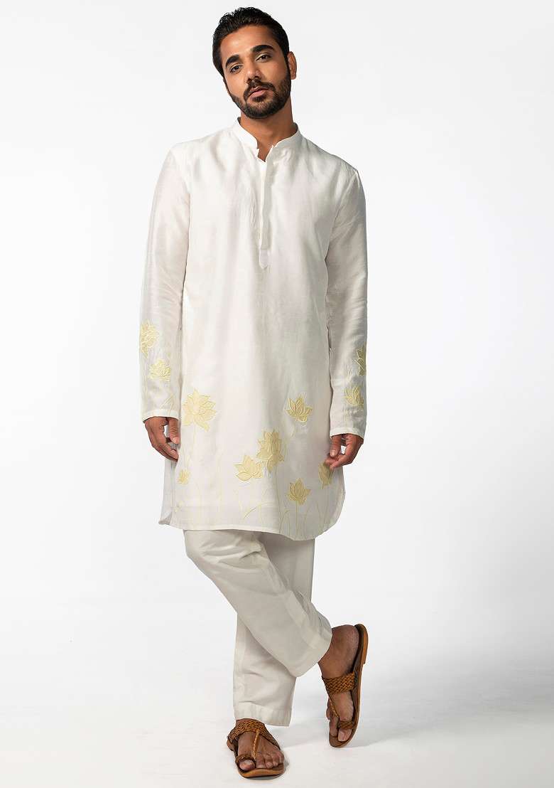 Ivory Applique Work Kurta Set For Men - Indya