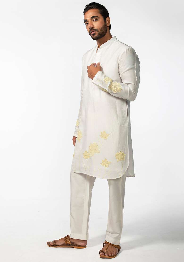 Ivory Applique Work Kurta Set For Men - Indya