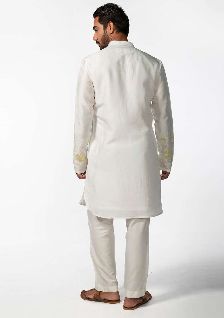 Ivory Applique Work Kurta Set For Men - Indya