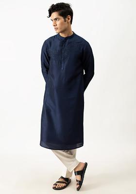 Midnight Blue Embellished Kurta Set For Men