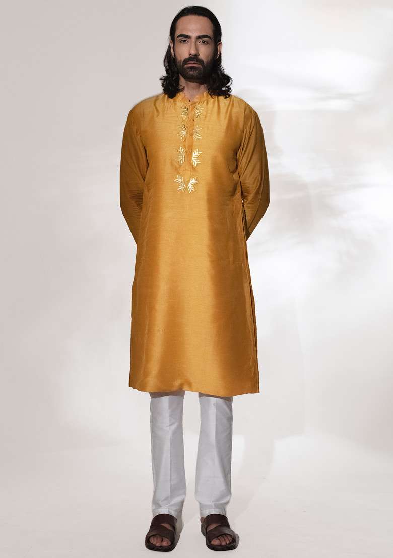 Mustard Yellow Kurta Set For Men - Indya