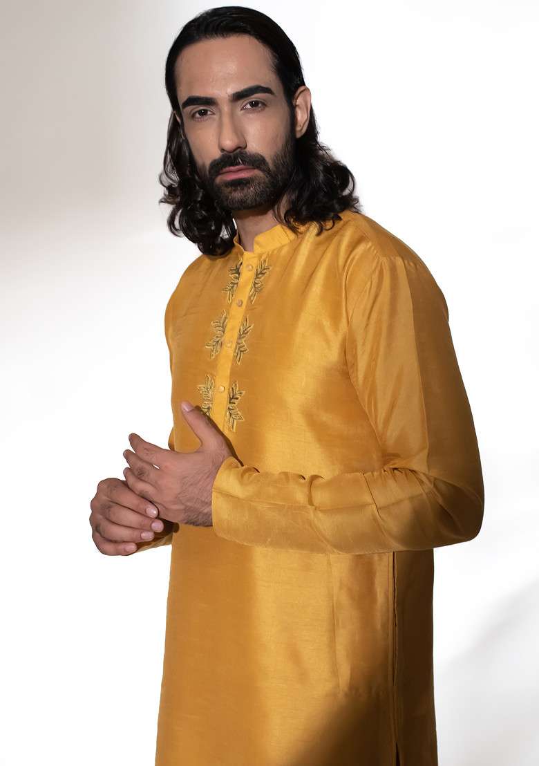 Mustard Yellow Kurta Set For Men - Indya