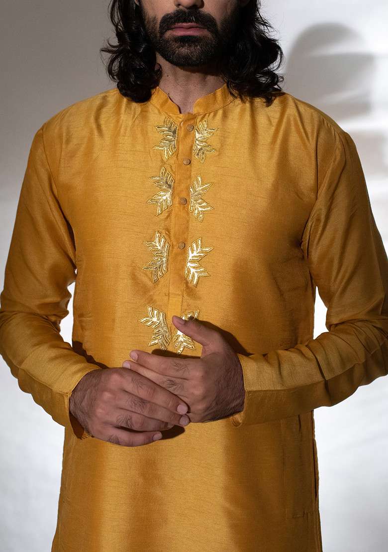 Mustard Yellow Kurta Set For Men - Indya