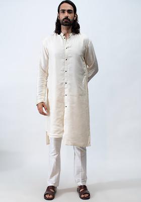 Ivory Mirror Work Front Open High-Low Kurta Set For Men