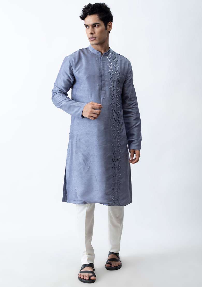 Cool Grey Mirror Work Kurta Set For Men - Indya