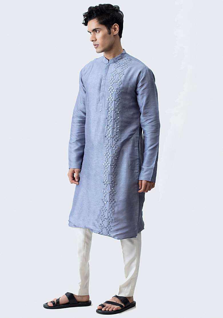 Cool Grey Mirror Work Kurta Set For Men - Indya