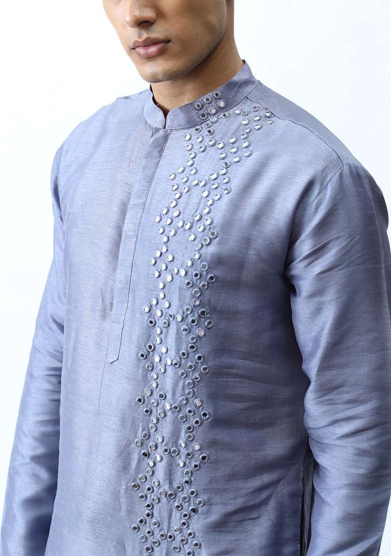 Cool Grey Mirror Work Kurta Set For Men - Indya