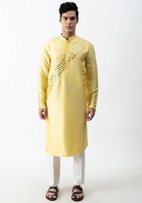 Yellow Embellished Mirror Work Kurta Set For Men