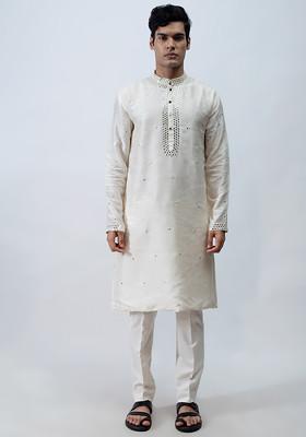 Ivory Mirror Work Kurta Set For Men