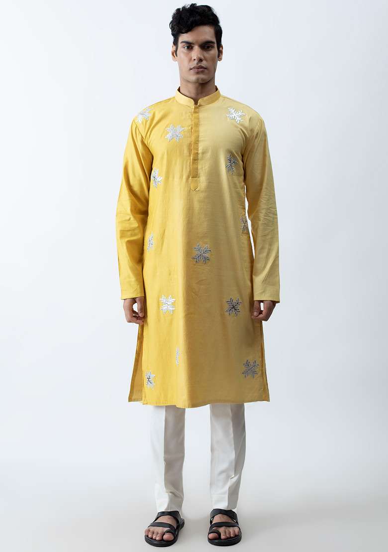 Yellow Ombre Applique Work Kurta Set For Men - Indya