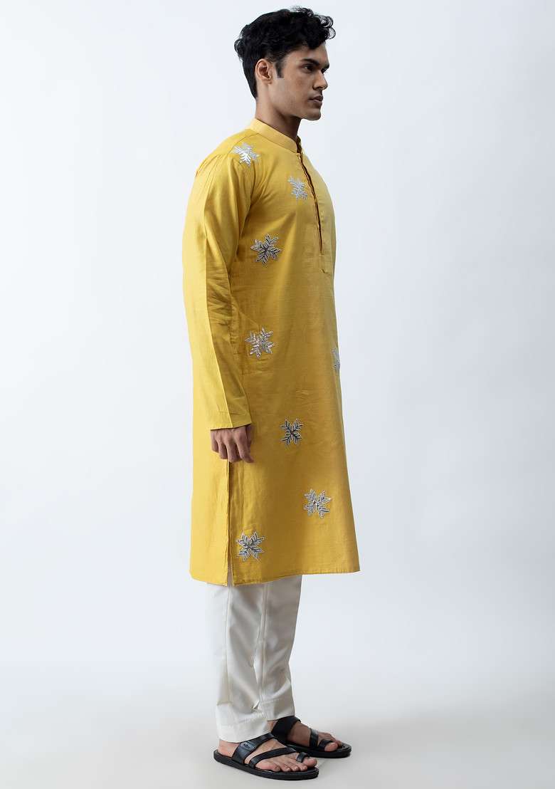 Yellow Ombre Applique Work Kurta Set For Men - Indya