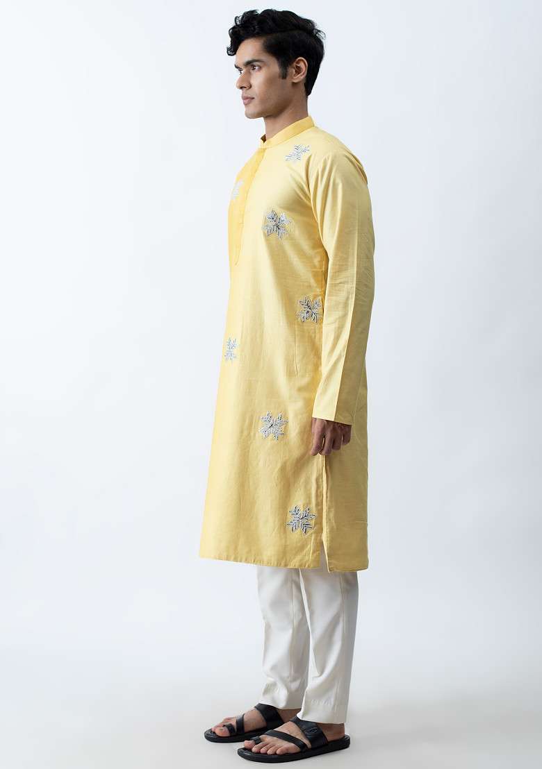 Yellow Ombre Applique Work Kurta Set For Men - Indya