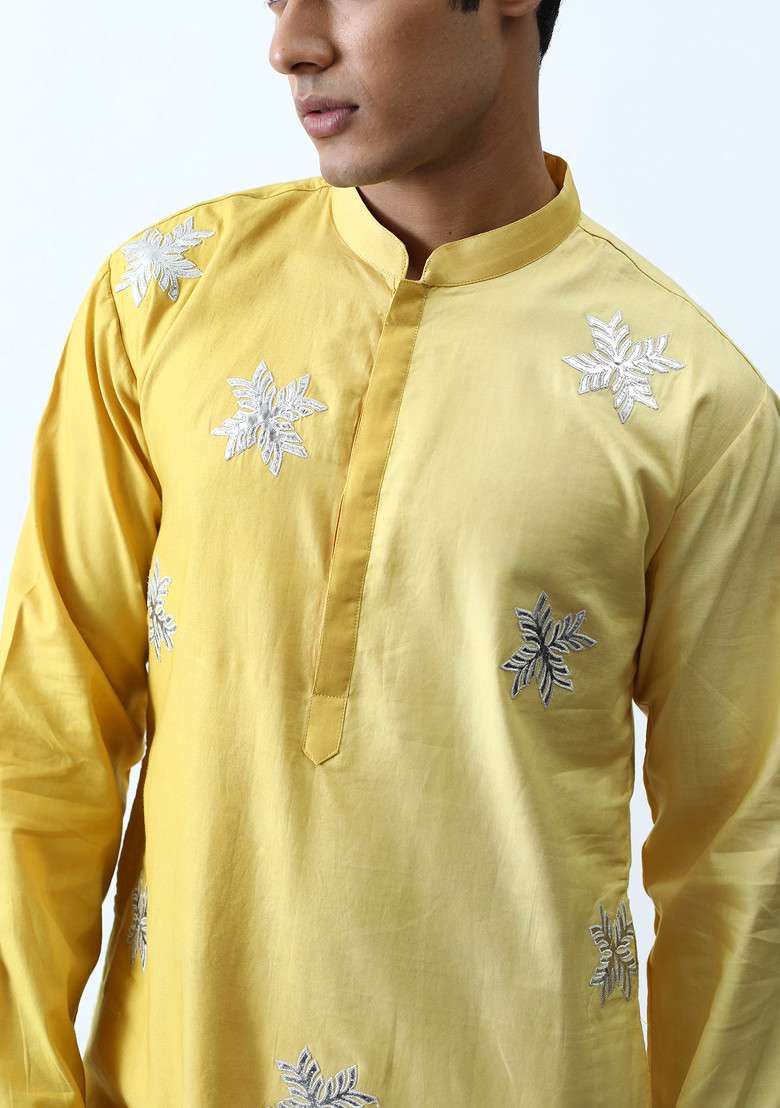 Yellow Ombre Applique Work Kurta Set For Men - Indya