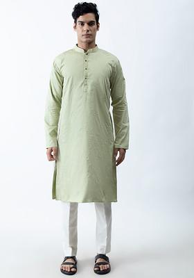 Pastel Green Motif Kurta Set For Men