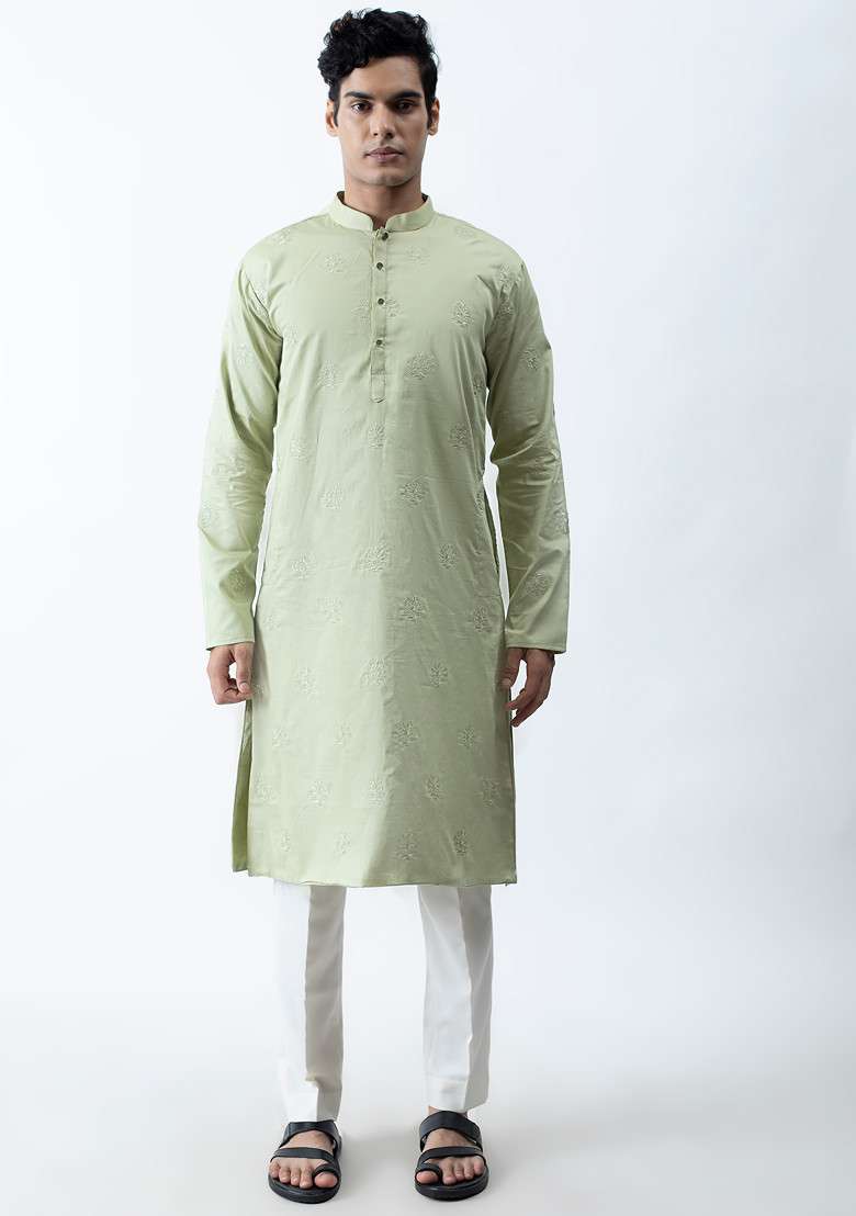 Pastel Green Motif Kurta Set For Men - Indya