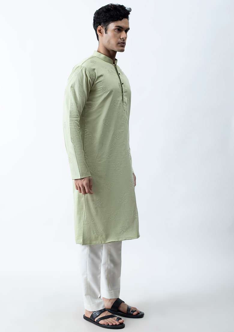 Pastel Green Motif Kurta Set For Men - Indya