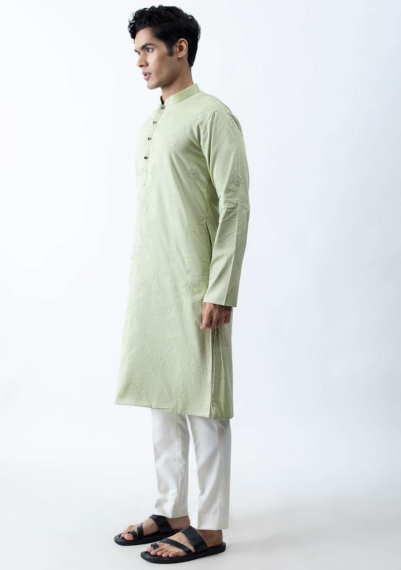 Pastel Green Motif Kurta Set For Men - Indya