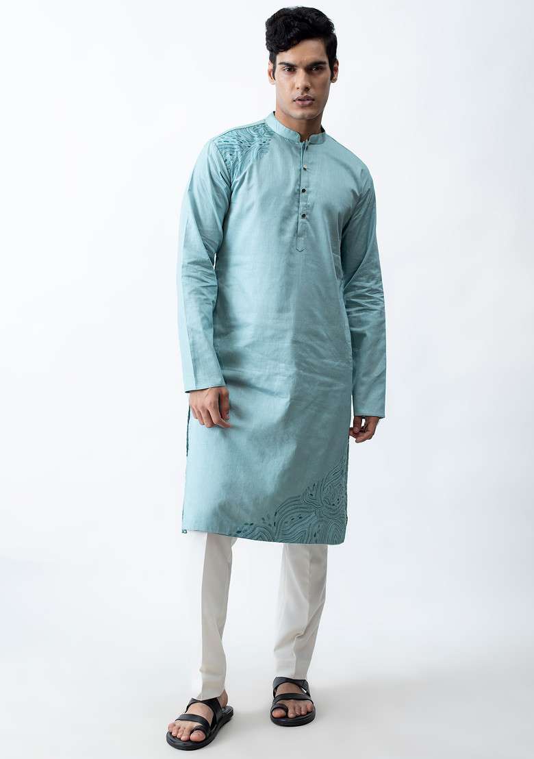 Aqua Blue Embroidered Kurta Set For Men - Indya
