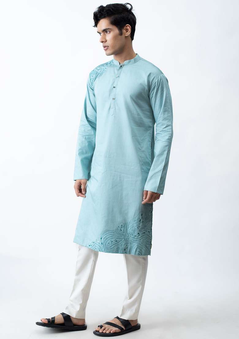 Aqua Blue Embroidered Kurta Set For Men - Indya