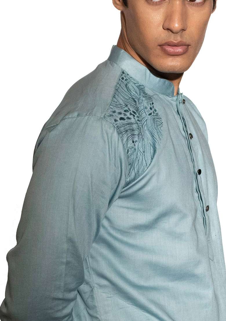 Aqua Blue Embroidered Kurta Set For Men - Indya