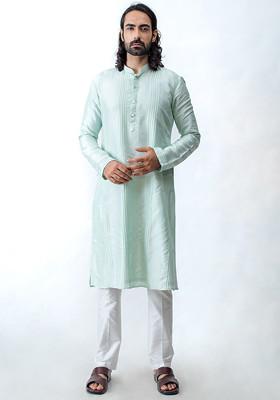 Mint Green Pintuck Kurta Set For Men