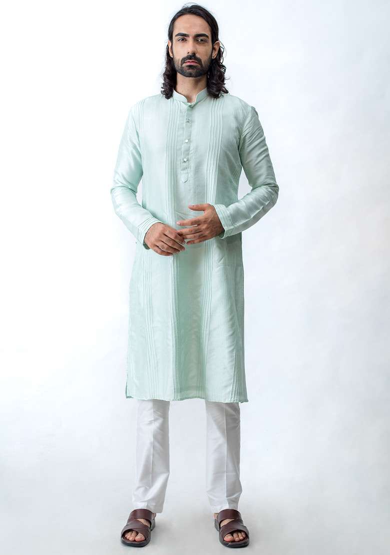 Mint Green Pintuck Kurta Set For Men - Indya