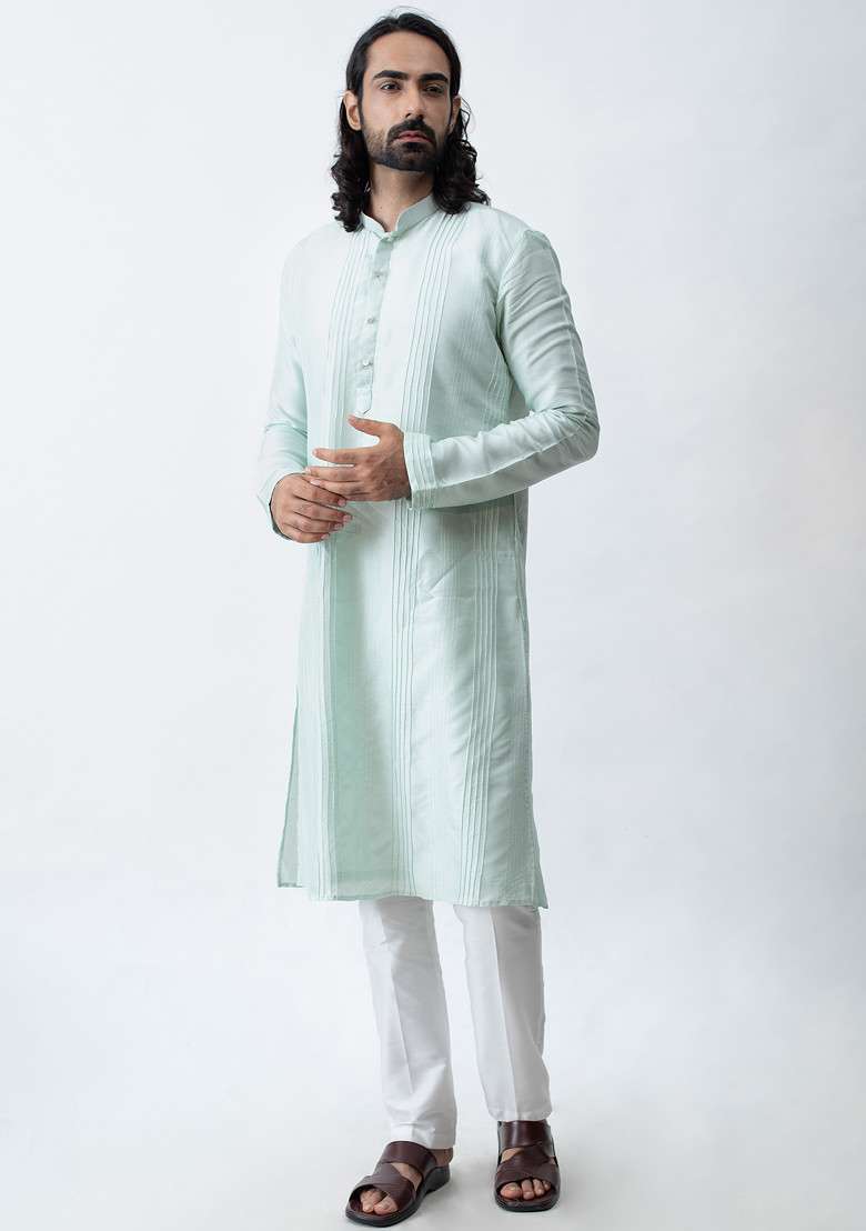 Mint Green Pintuck Kurta Set For Men - Indya