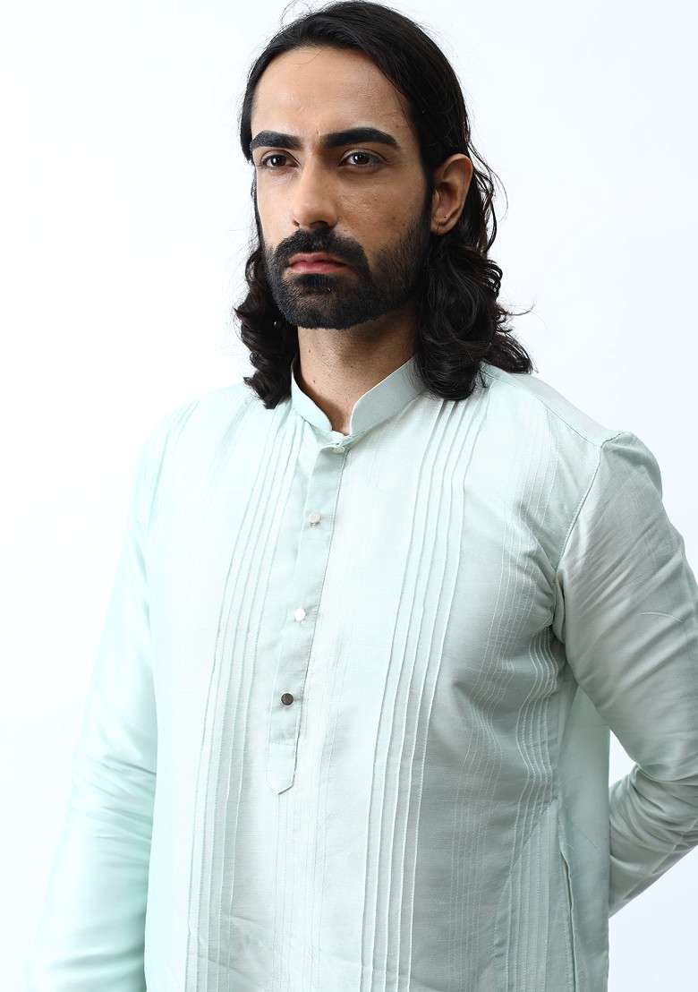 Mint Green Pintuck Kurta Set For Men - Indya