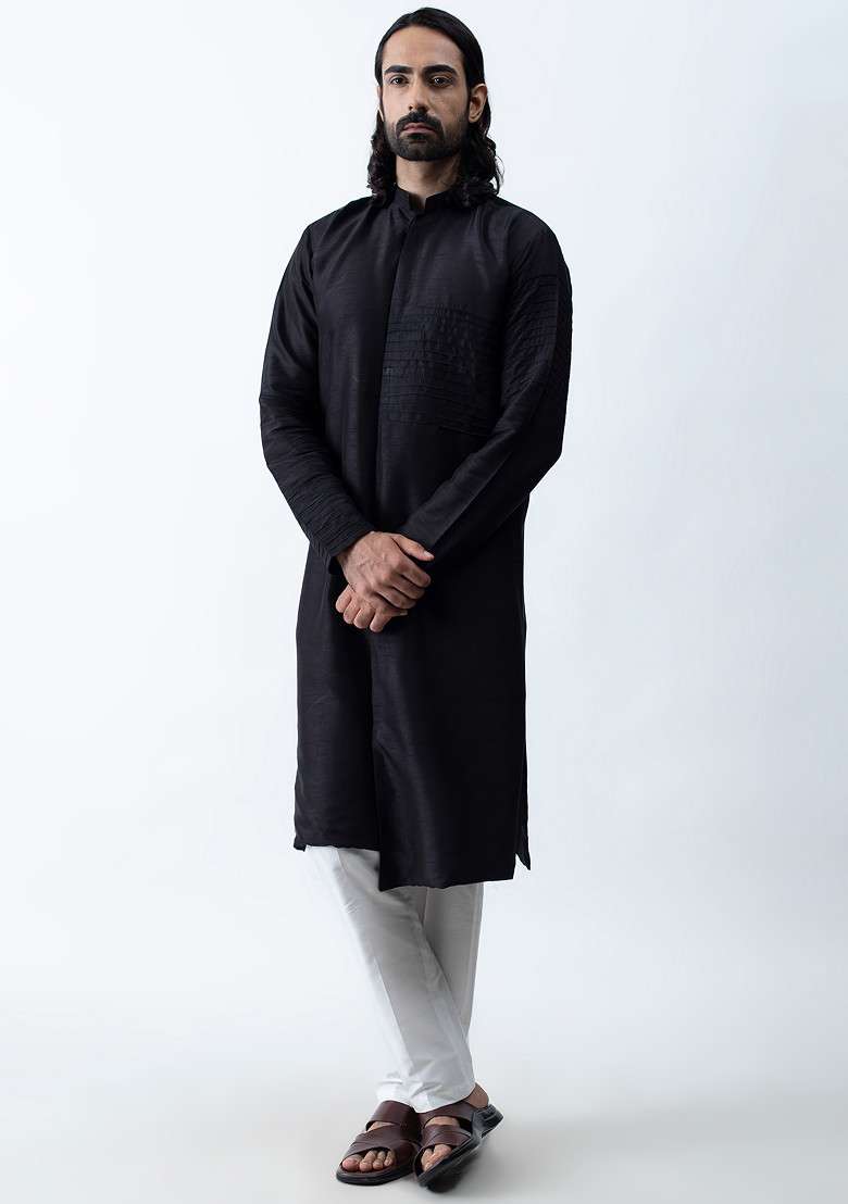 Black Pintuck Kurta Set For Men - Indya