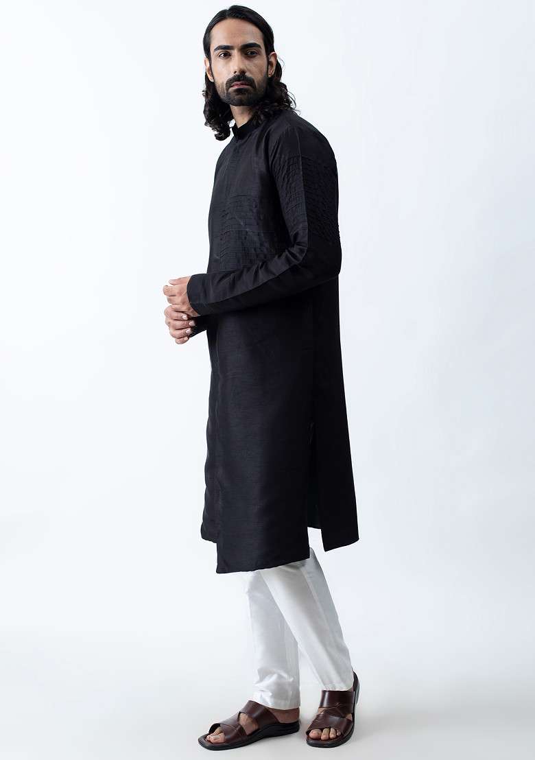 Black Pintuck Kurta Set For Men - Indya